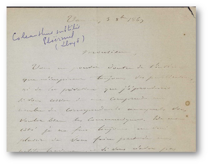 Lettre d’Etienne Théodore Arrondeau évoquant la découverte du Coléanthe subtil à Ploërmel par James Lloyd